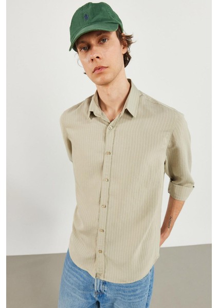 Erkek Regular Fit Bej Çizgili Gömlek fiyatları