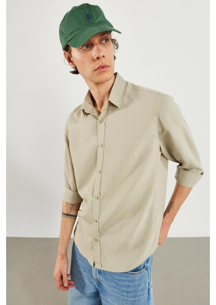 Erkek Regular Fit Bej Çizgili Gömlek modelleri