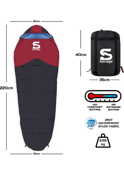 Uyku Tulumu - Peak - Bordo - Extreme -35C° - Savage YS-535