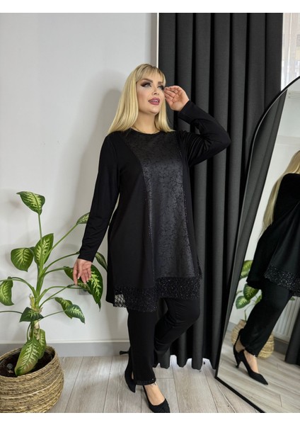 Kadın Büyüek Beden Ön Deri Sim Etek Ucu Dantel Detay Esnek Kristal Iki Iplik Tunik