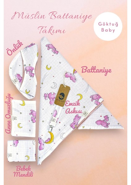 Pembe Tavşan Desenli 2 Katlı %100 Pamuklu Müslin & Pike 5'li Bebek Seti fiyatları
