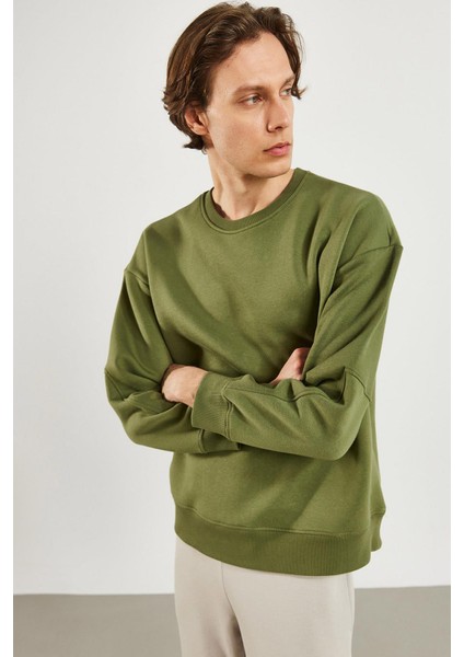 Erkek Clark Haki Sıfır Yaka Oversize Sweatshirt