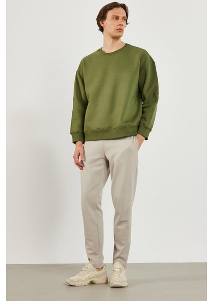 Erkek Clark Haki Sıfır Yaka Oversize Sweatshirt modelleri