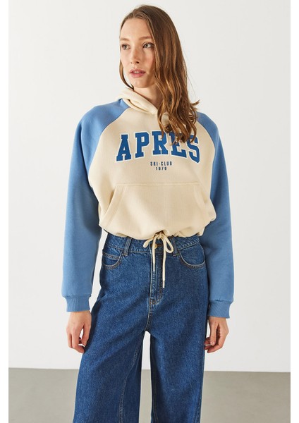 Baskılı Kontrast Parçalı Sweatshirt - Mavi