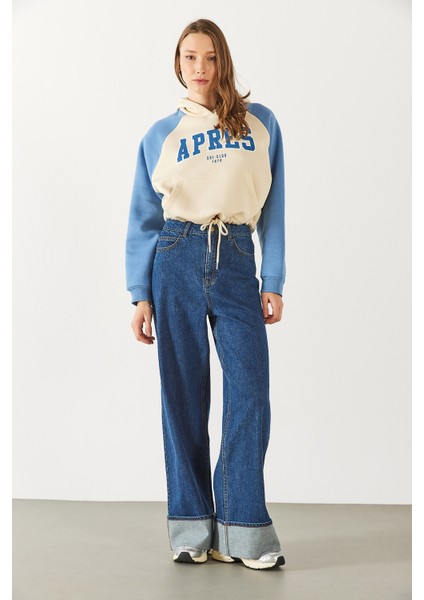 Baskılı Kontrast Parçalı Sweatshirt - Mavi