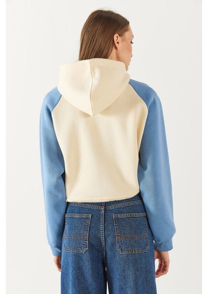 Baskılı Kontrast Parçalı Sweatshirt - Mavi