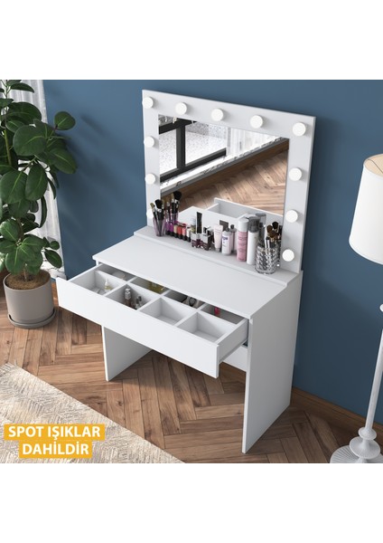 BJ120 Hollywood Işıklı Aynalı Kulis Makyaj Masası Takı Düzenleyici Beyaz