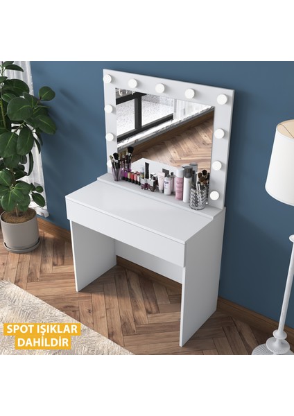 BJ120 Hollywood Işıklı Aynalı Kulis Makyaj Masası Takı Düzenleyici Beyaz