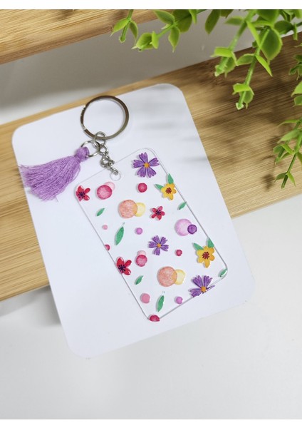 Çiçek Yaprak Puantiye Desenli Püsküllü Dikdörtgen Pleksi Anahtarlık
