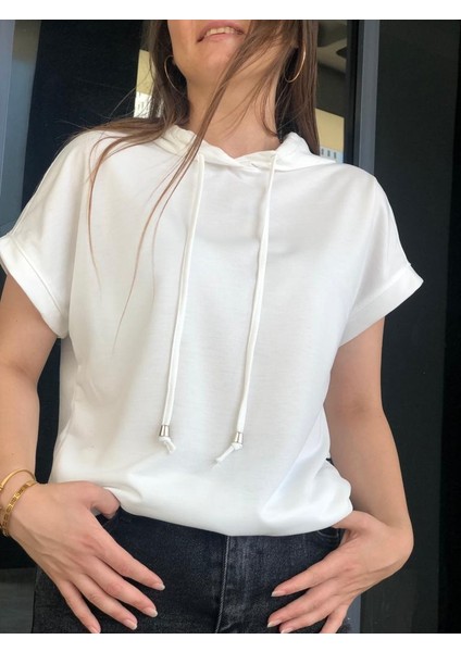 Kısa Kol Kapüşonlu Sweatshirt - Beyaz