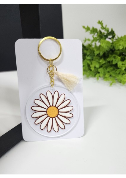 Papatya Desenli Püsküllü Yuvarlak Pleksi Anahtarlık