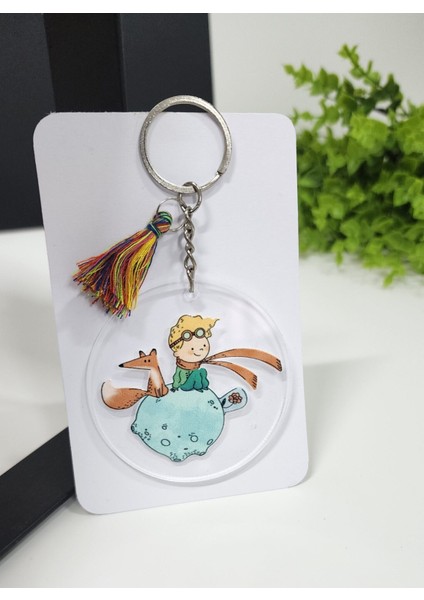 Küçük Prens Desenli Püsküllü Yuvarlak Pleksi Anahtarlık