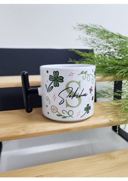 Isme Özel Kişiye Özel Yonca Yaprak Çiçek Desenli Porselen T Kupa Bardak Latte Fincanı
