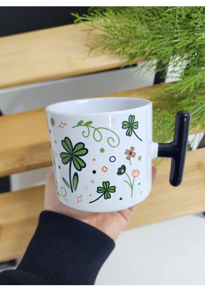 Isme Özel Kişiye Özel Yonca Yaprak Çiçek Desenli Porselen T Kupa Bardak Latte Fincanı fiyatları