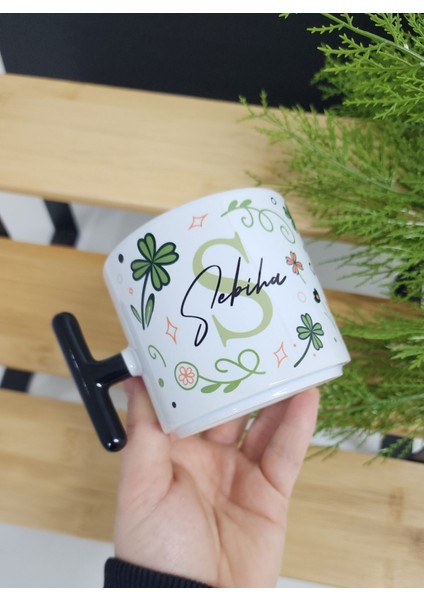 Isme Özel Kişiye Özel Yonca Yaprak Çiçek Desenli Porselen T Kupa Bardak Latte Fincanı modelleri