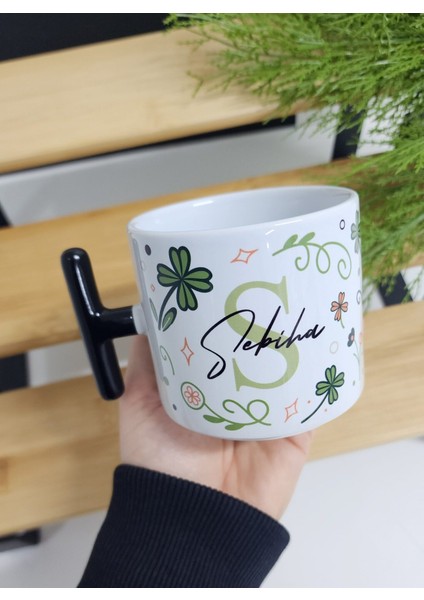 Isme Özel Kişiye Özel Yonca Yaprak Çiçek Desenli Porselen T Kupa Bardak Latte Fincanı fırsatları