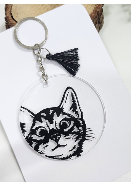 Kedi Desenli Püsküllü Yuvarlak Pleksi Anahtarlık fiyatları