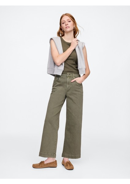 Kadın Haki Wide Leg Crop Jean Pantolon
