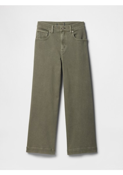 Kadın Haki Wide Leg Crop Jean Pantolon
