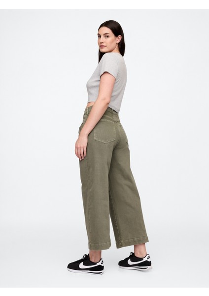 Kadın Haki Wide Leg Crop Jean Pantolon