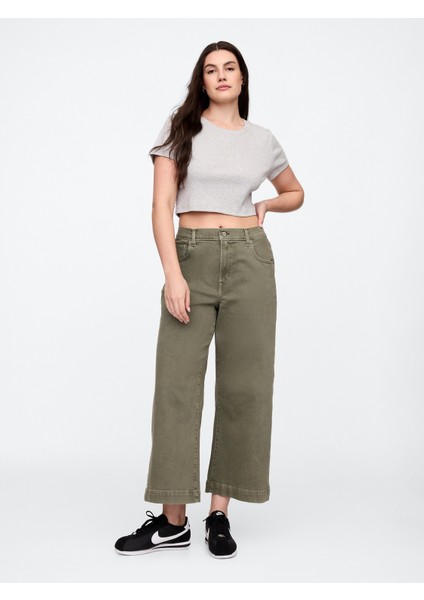Kadın Haki Wide Leg Crop Jean Pantolon