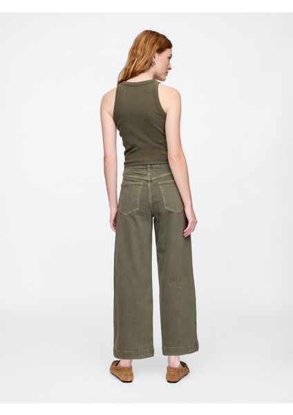 Kadın Haki Wide Leg Crop Jean Pantolon