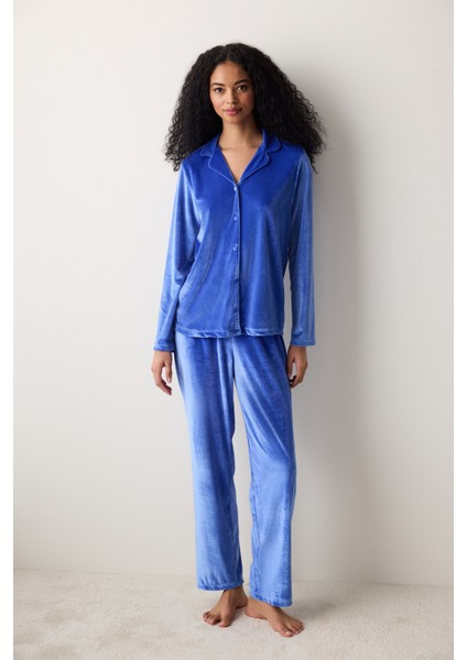 Blue Velvet Saks Mavisi Gömlek Pantolon Pijama Takımı