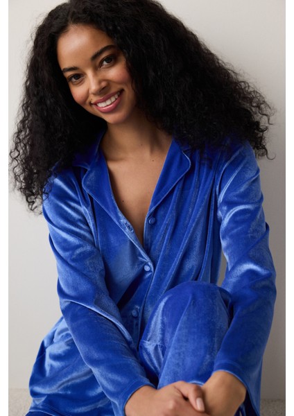 Blue Velvet Saks Mavisi Gömlek Pantolon Pijama Takımı