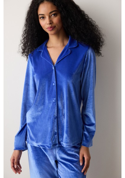Blue Velvet Saks Mavisi Gömlek Pantolon Pijama Takımı