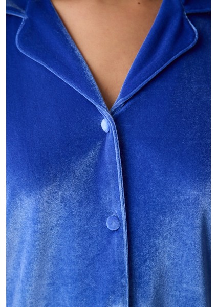 Blue Velvet Saks Mavisi Gömlek Pantolon Pijama Takımı