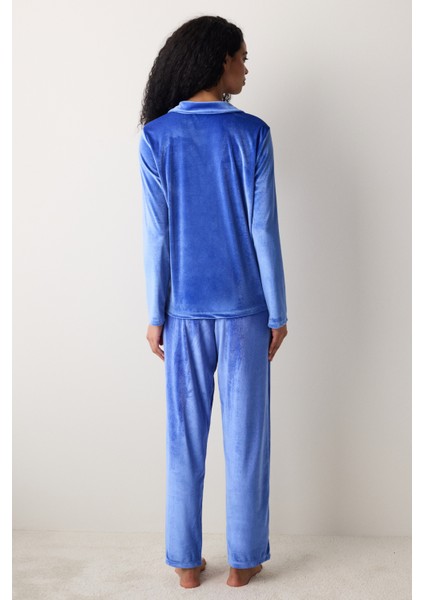 Blue Velvet Saks Mavisi Gömlek Pantolon Pijama Takımı