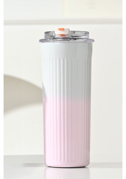 304 L Çelik 0,5 L Pembe Beyaz Degrade Pipetli El Termos Mug CIN913PM