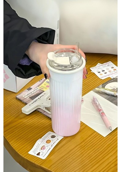 304 L Çelik 0,5 L Pembe Beyaz Degrade Pipetli El Termos Mug CIN913PM
