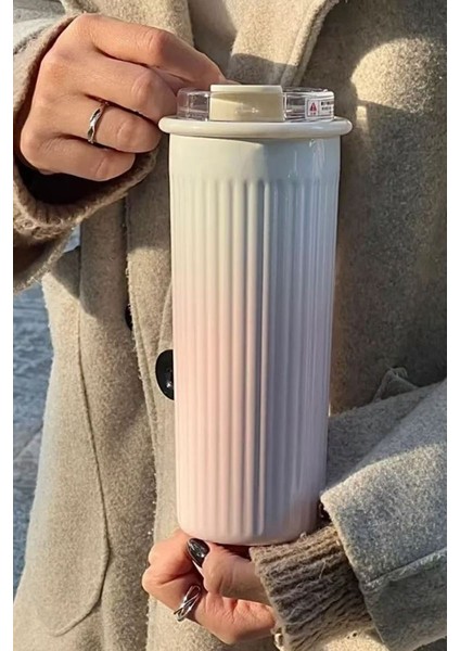 304 L Çelik 0,5 L Pembe Beyaz Degrade Pipetli El Termos Mug CIN913PM
