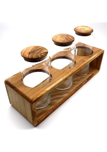 Ahşap Kapaklı 3'Lü Cam Kavanoz Seti Standı Büyük
