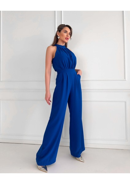 Saks Mavi Halter Yaka Uzun Tulum