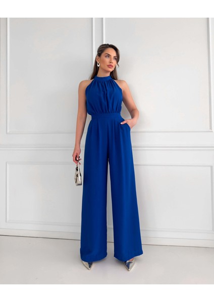 Saks Mavi Halter Yaka Uzun Tulum
