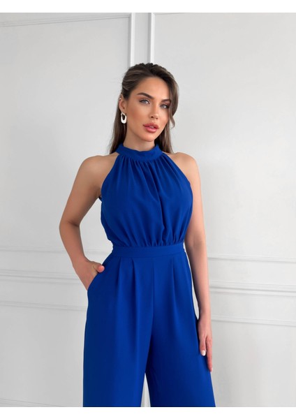 Saks Mavi Halter Yaka Uzun Tulum