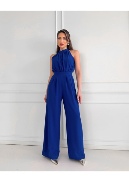 Saks Mavi Halter Yaka Uzun Tulum