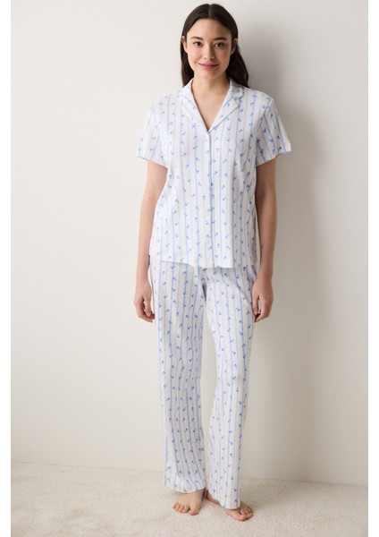 Roses Pointel Gömlek Pantolon Kırık Beyaz Pamuklu Pijama Takımı