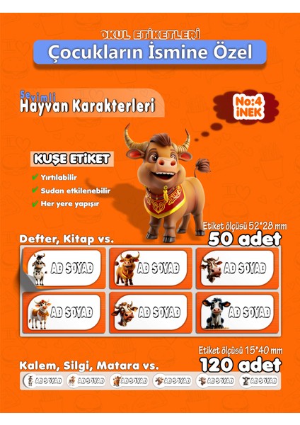 Inek Kuşe Etiket İsme Özel Hobi - Okul Seti 170 Adet