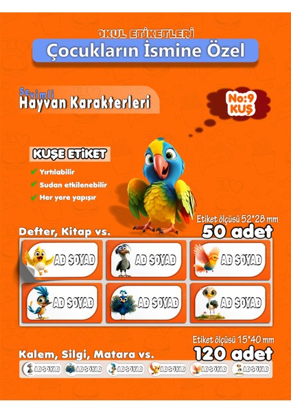 Kuş Kuşe Etiket İsme Özel Hobi - Okul Seti 170 Adet