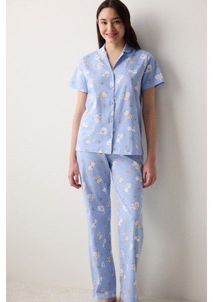 Pamuklu Bowtiful Gömlek Pantolon Açık Mavi Pijama Takımı