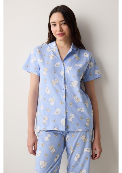 Pamuklu Bowtiful Gömlek Pantolon Açık Mavi Pijama Takımı