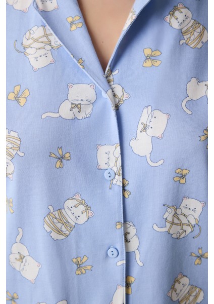 Pamuklu Bowtiful Gömlek Pantolon Açık Mavi Pijama Takımı