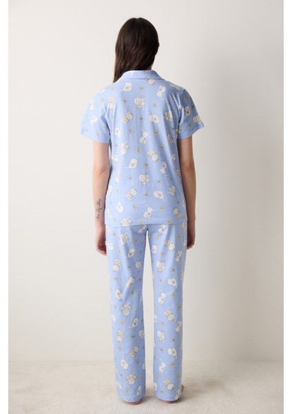 Pamuklu Bowtiful Gömlek Pantolon Açık Mavi Pijama Takımı