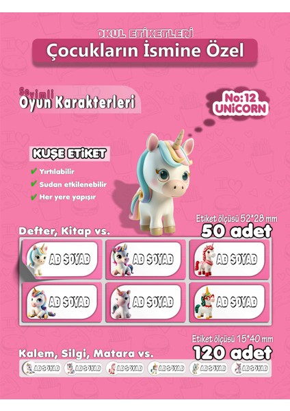 Unicorn Kuşe Etiket İsme Özel Hobi - Okul Seti 170 Adet