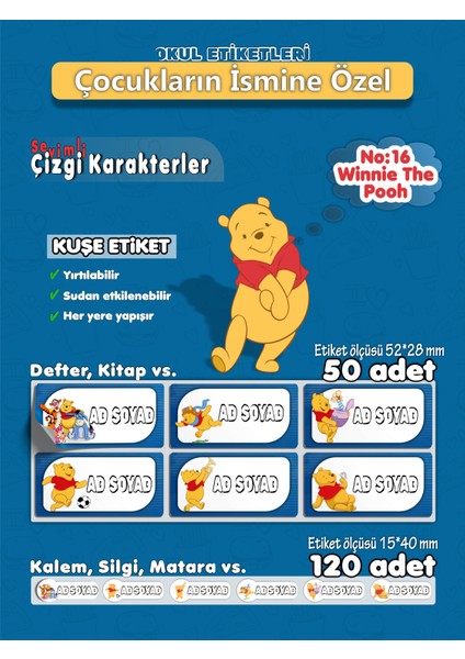 Winnie The Pooh Kuşe Etiket İsme Özel Hobi - Okul Seti 170 Adet