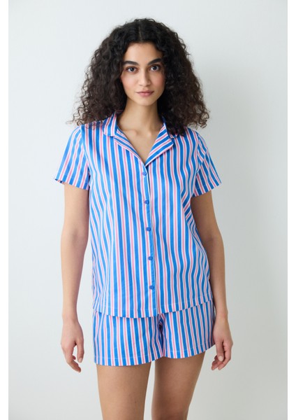 Amelia Gömlek Şort Mavi Pamuklu Pijama Takımı