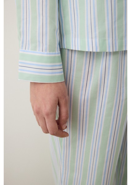Pamuklu Perri Gömlek Pantolon Çizgili Açık Yeşil Pijama Takımı fırsatları